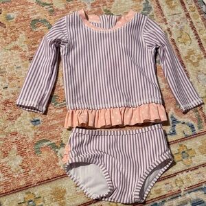 Ruffle Butts Purple Stripe Long Sleeve Rashguard Set with Pink Polka Dot Trim